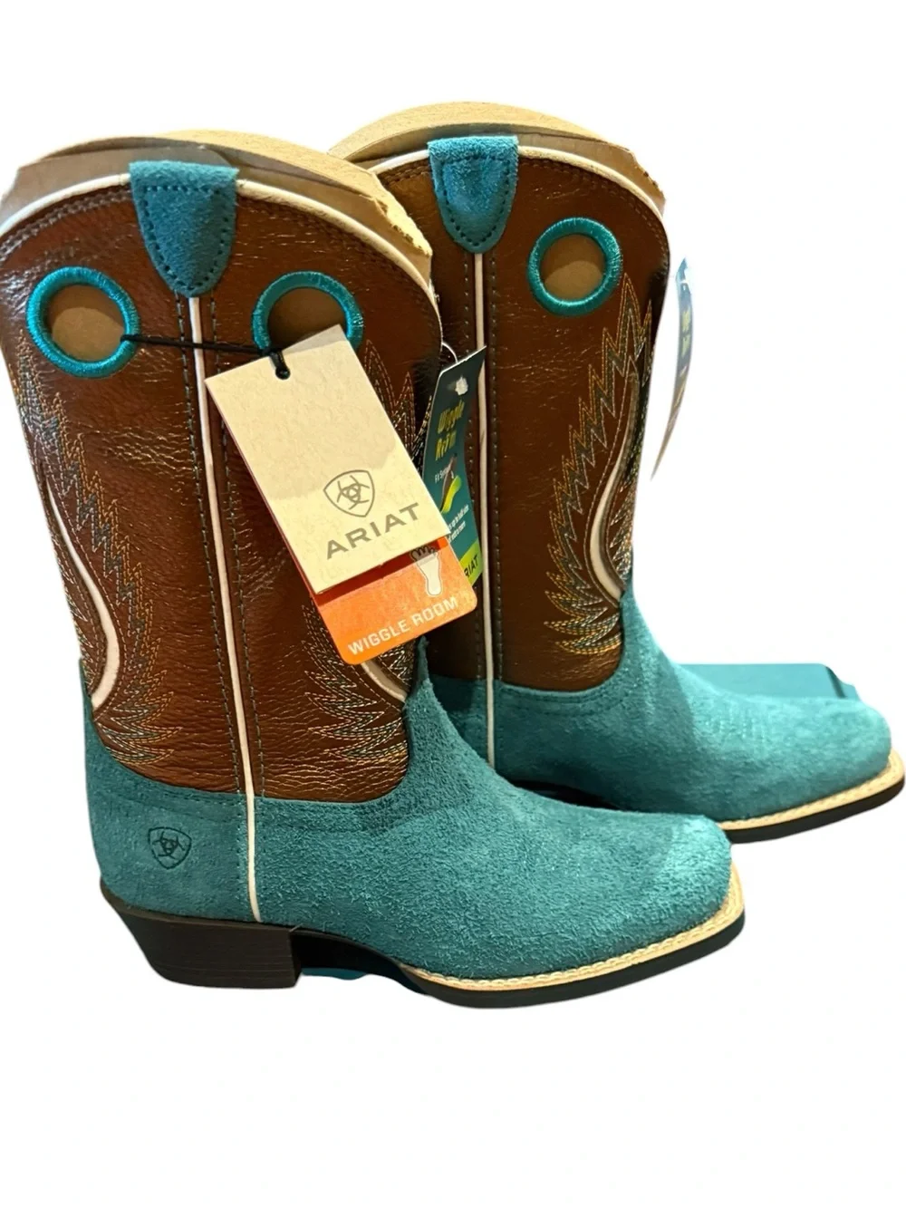 Ariat Kids Futurity Fort Worth Teal Suede & Brown Leather Cowboy Boots Youth 13